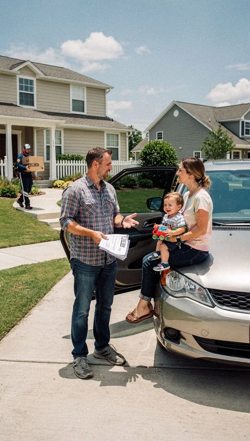 Счастливая семья, получающая помощь на дороге от службы экстренной помощи.