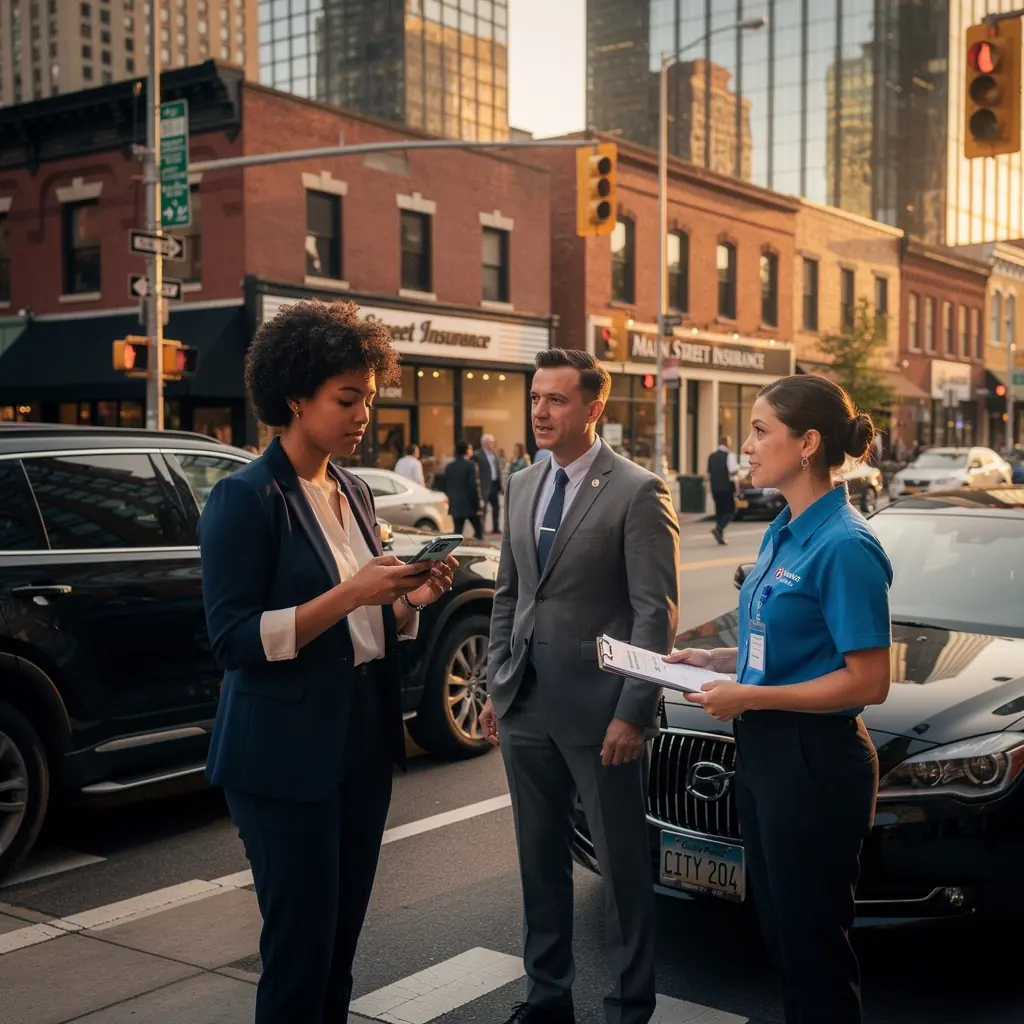 Автомобиль на фоне городской улицы с логотипом страховой компании.