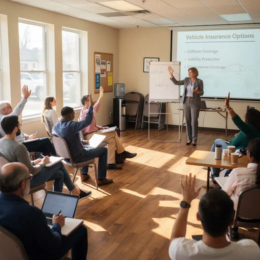 Группа людей, обсуждающих варианты страхования автомобилей в уютном офисе.