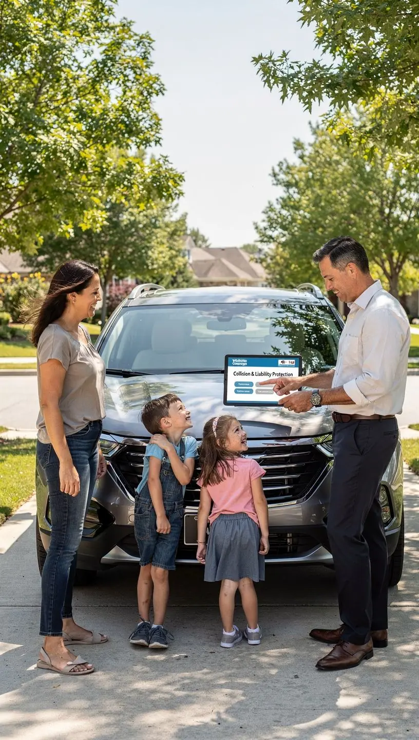 Изображение автомобиля, освещенного солнечным светом, с текстом о страховании на фоне городского пейзажа.